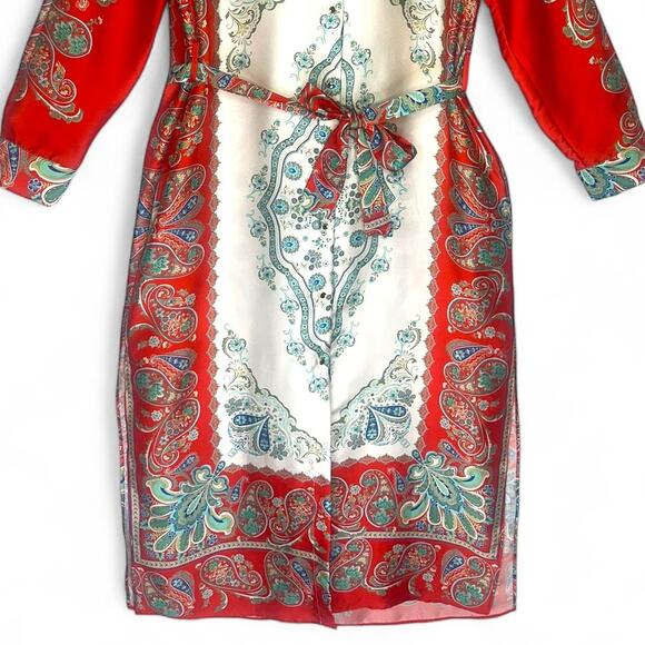 Zara Printed Shirt Dress Size S Red Multi Paisley Floral Satin Button Midi Dress - Picture 8 of 14